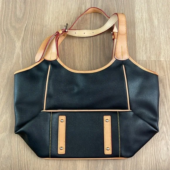 DOONEY & BOURKE Black and Tan Pebbled Leather Tassel Zip Top Tote Handbag
